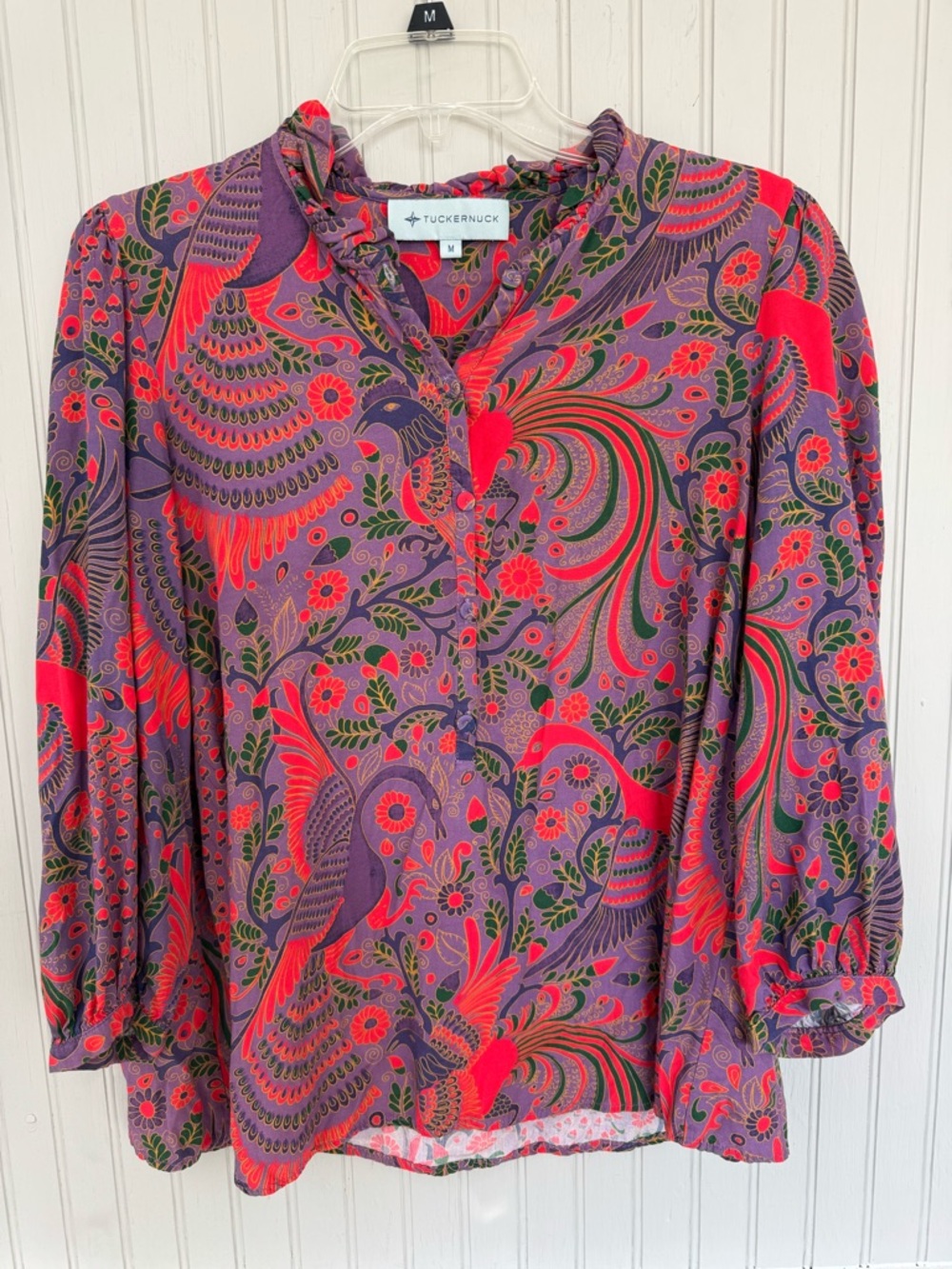 Tuckernuck Purple and Red Paisley Peacock Bird Print Ruffle-Neck Blouse
